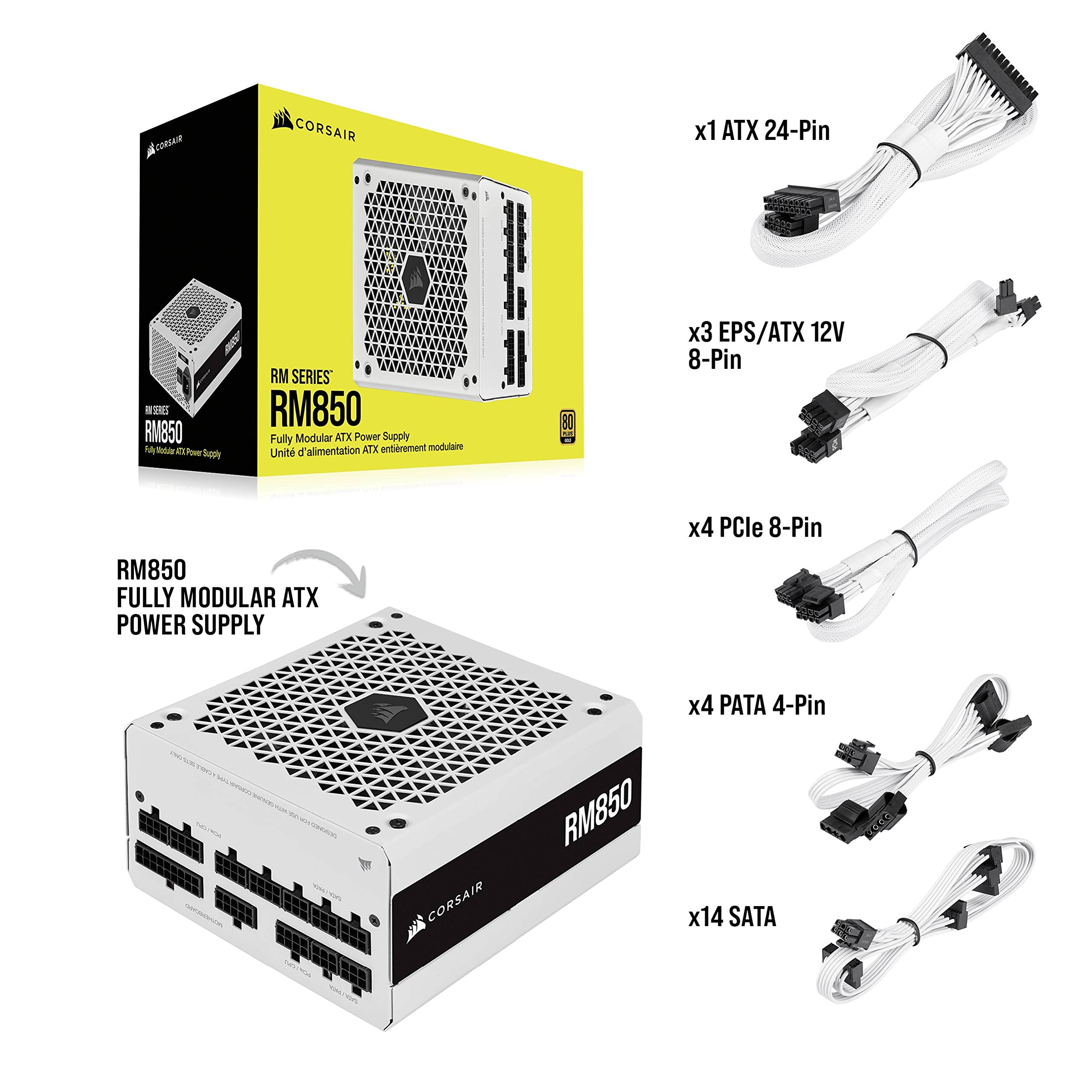 CORSAIR RM Series (2021), White, RM850, 850 Watt, 80 Plus Gold Certified, Fully Modular Power Supply