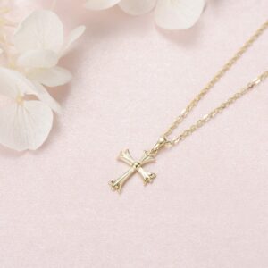 FANCIME SOLID REAL 14K Yellow Gold SMALL TINY Little Cute Embossed Cross Crucifix Delicate Necklace Dainty Pendant Fine Jewelry For Women, With 16+2" Solid Gold Cable Chain