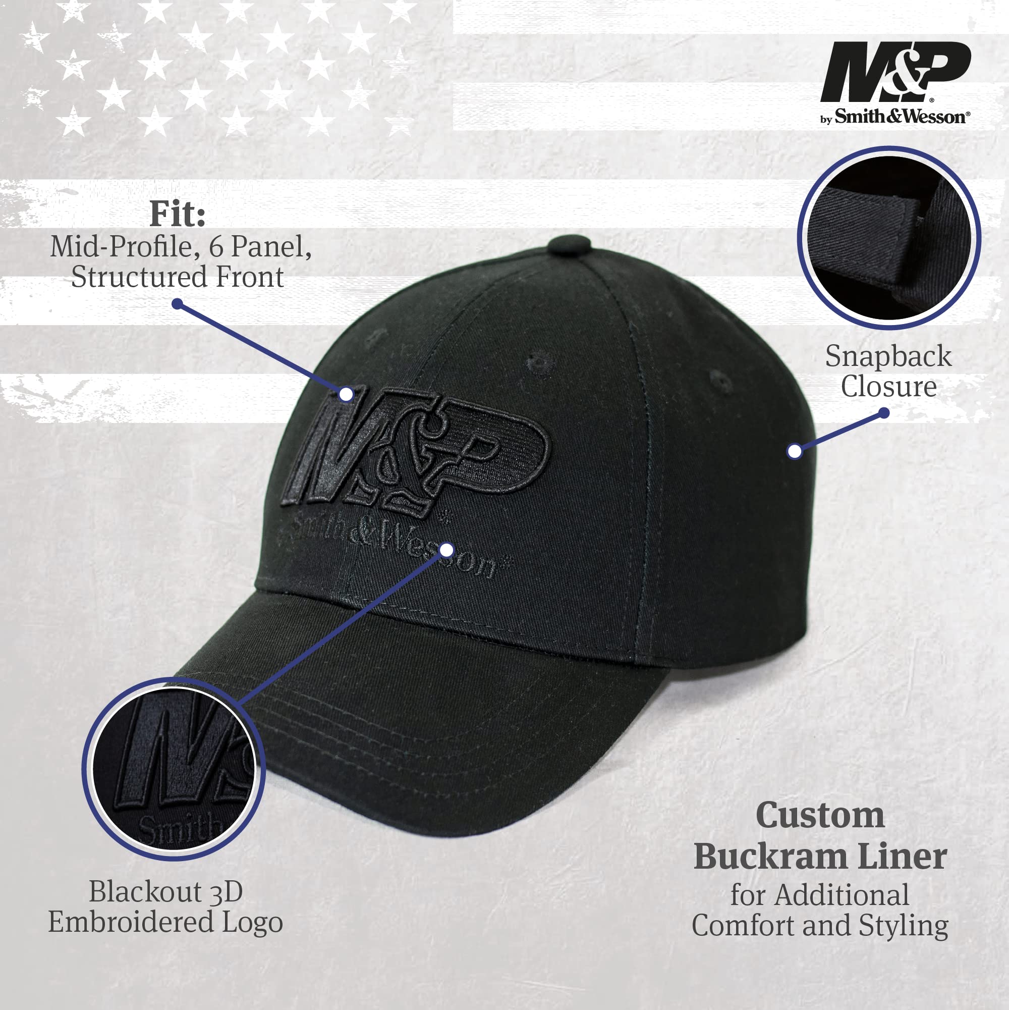 M&P by Smith and Wesson Mens Hat Classic Black Embroidered Logo Baseball Cap Officially Licensed, Black/Black