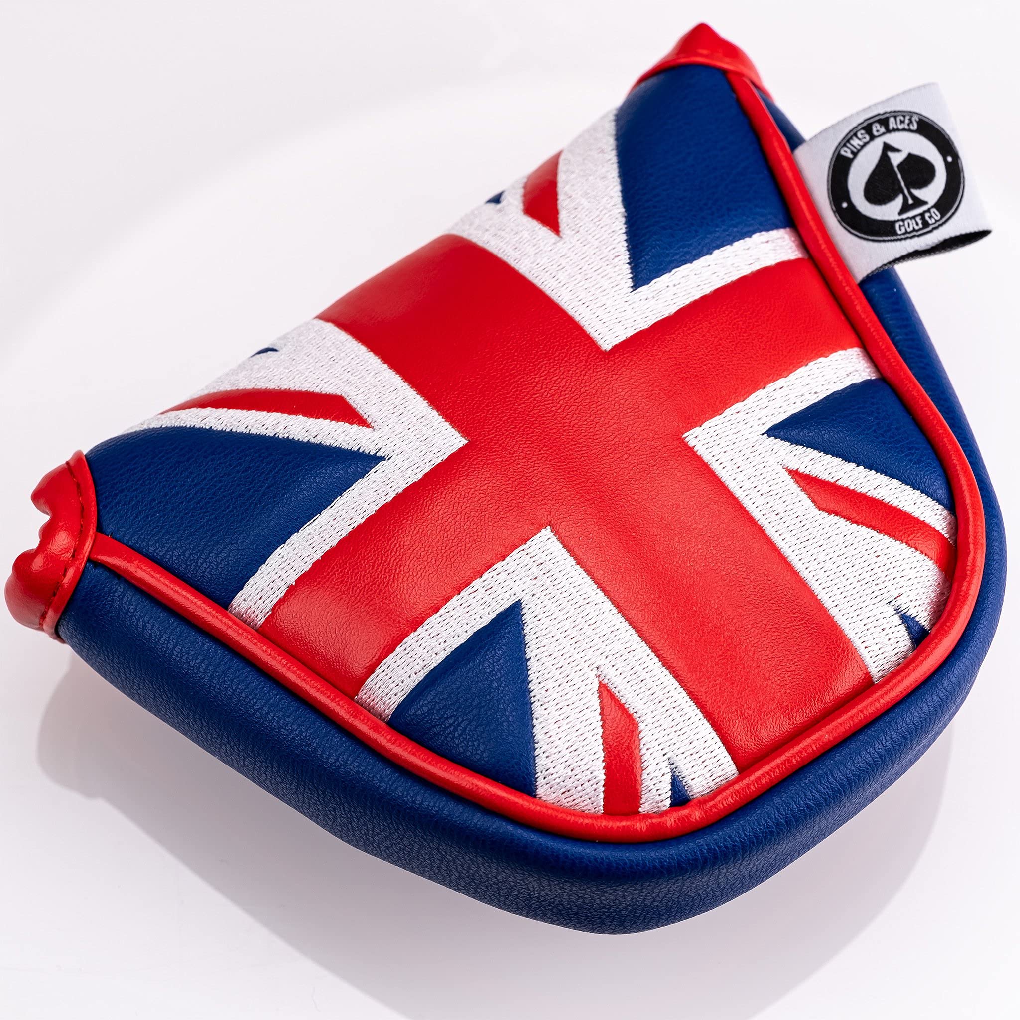 Pins & Aces United Kingdom Head Cover - Premium, Hand-Made Leather, Headcover - Union Jack Styled, Tour Quality Golf Club Cover - Style and Customize Your Golf Bag (Mallet)