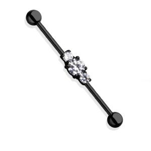 Pierced Owl 14GA Three Central Clear CZ's Ion Plated 316L Surgical Stainless Steel Industrial Barbell (Black/Clear)