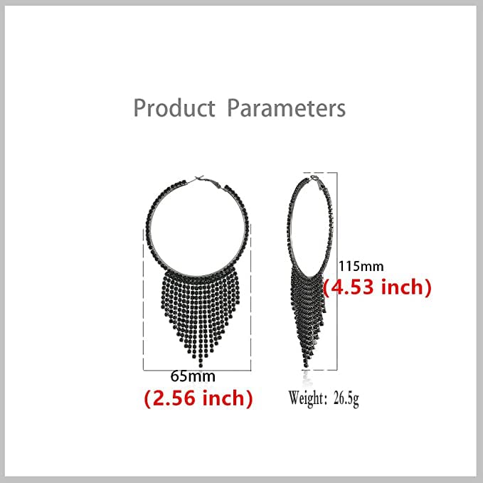 CZ Tassel Statement Drop Dangle Large Hoop Earrings for Women Cubic Zirconia Fringe Dangling Huggie Big Hoops Hypoallergenic Piercing Stud Lightweight Earring Wedding Party Jewelry (Black)