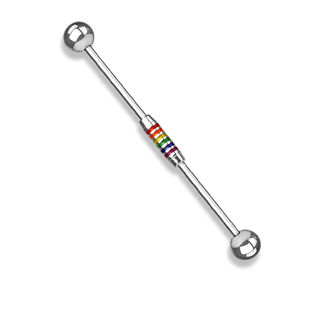 Pierced Owl 14GA Rainbow Striped Center 316L Surgical Stainless Steel Industrial Barbell (Steel)