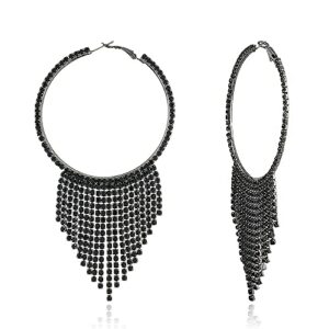 cz tassel statement drop dangle large hoop earrings for women cubic zirconia fringe dangling huggie big hoops hypoallergenic piercing stud lightweight earring wedding party jewelry (black)