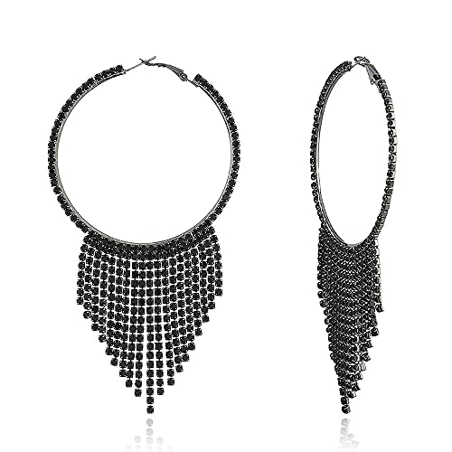 CZ Tassel Statement Drop Dangle Large Hoop Earrings for Women Cubic Zirconia Fringe Dangling Huggie Big Hoops Hypoallergenic Piercing Stud Lightweight Earring Wedding Party Jewelry (Black)