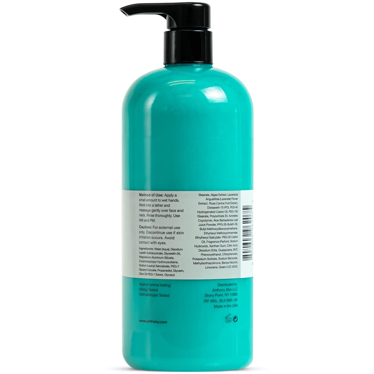 Anthony Algae Facial Cleanser, 32 Fl Oz. Contains Algae, Aloe Vera, Azulene, Lavender and Rose Hip Oil, Cleanses and Refreshes, Moisturizes and Hydrates, Calms and Soothes Your Skin.