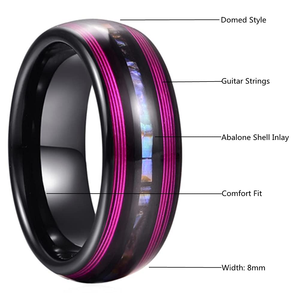 Corato 8mm Abalone Shell Wedding Ring for Men Women Domed Black Rings Tungsten Engagement Band with Purple Guitar String Size 9