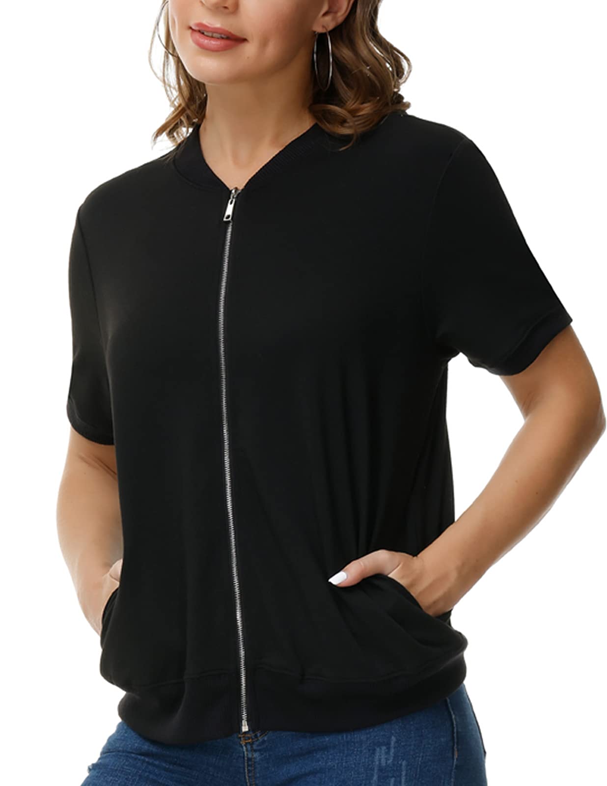 KANCY KOLE Womens Short Sleeve Sweatshirt with Pockets Full Zip Jacket Casual Pullover Shirt for Women(M,Black)