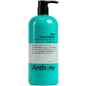 anthony algae facial cleanser, 32 fl oz. contains algae, aloe vera, azulene, lavender and rose hip oil, cleanses and refreshes, moisturizes and hydrates, calms and soothes your skin.