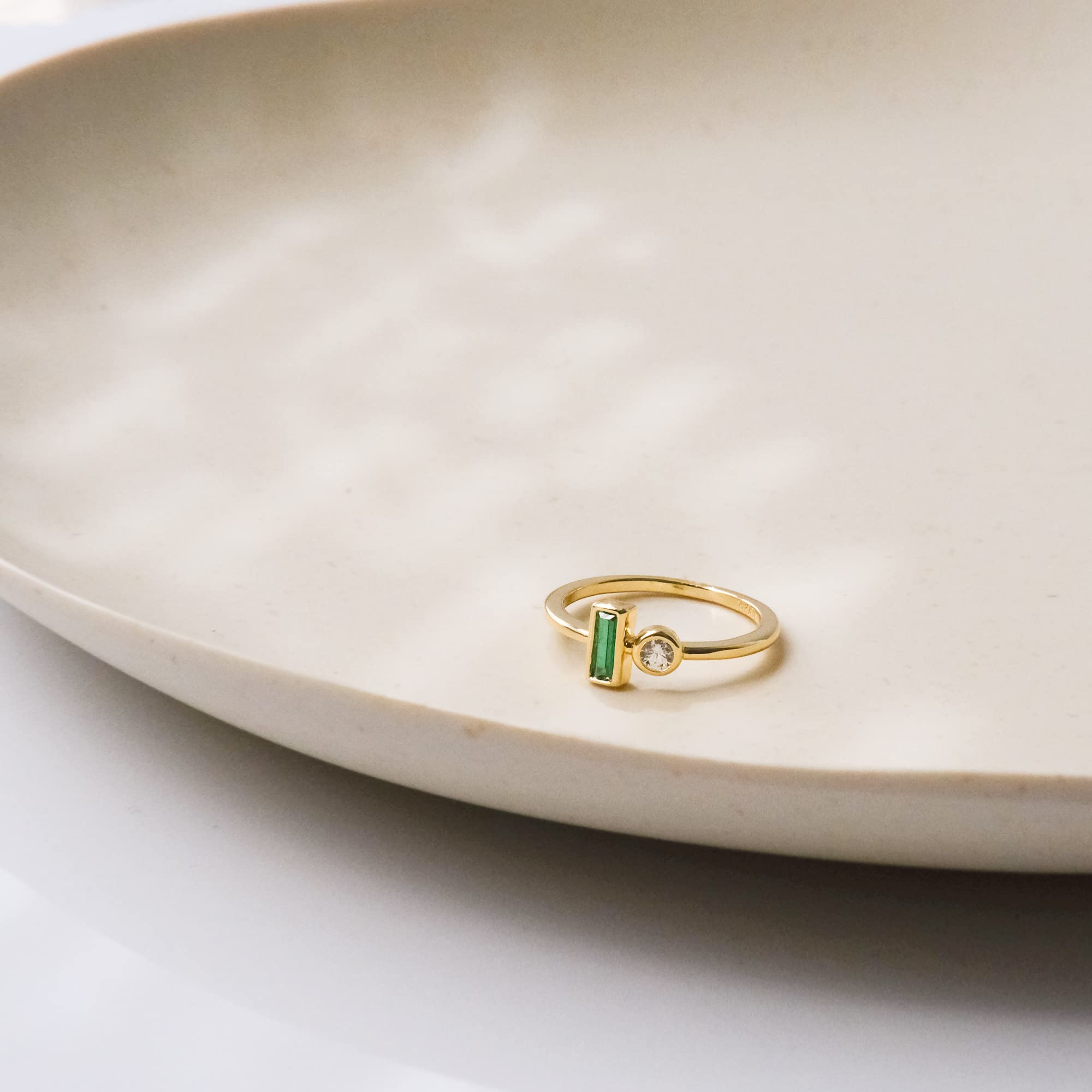 Dainty Emerald Ring | 18K Gold Plated Sterling Silver | Baguette Emerald Zirconia Ring | May Birthstone Ring | Minimal Stacking Band Size 8