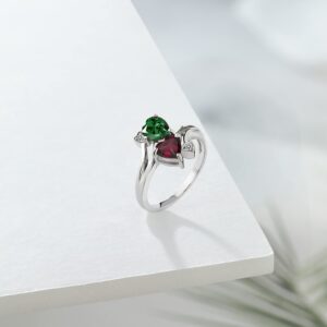 Gem Stone King 925 Sterling Silver Green Nano Emerald Red Rhodolite Garnet and White Diamond Ring For Women (1.45 Cttw, Heart Shape 6MM, Gemstone May Birthstone, Available In Size 5, 6, 7, 8, 9)