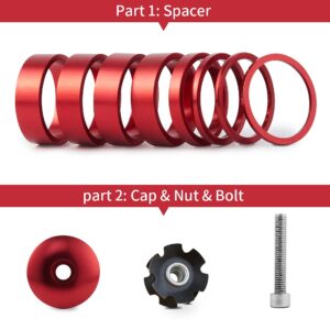 baluoqi Bicycle Headset Spacer 1-1/8 inch 28.6mm with Stem Top Cap(carbon fiber),Headset Star Nut and Long Titanium Bolt Aluminium Alloy MTB Road Bike Stem Headset Spacer(Red)