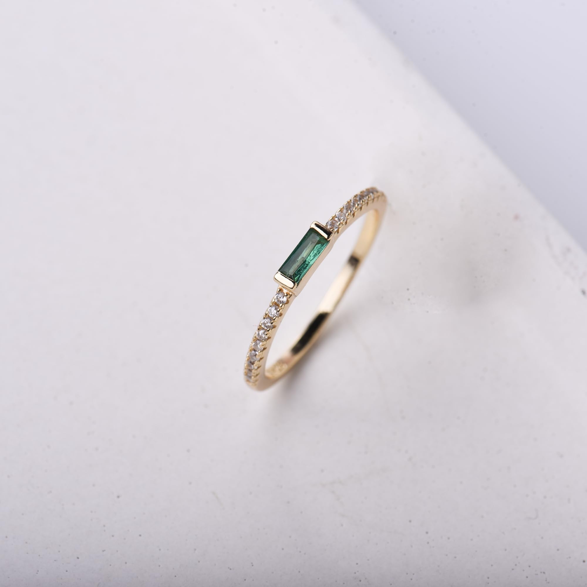 espere Dainty Minimal Emerald Baguette Ring | 18K Gold Plated Emerald Diamond Simulant Stackable Ring | Minimal CZ Anniversary Band Size 7