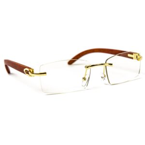 Street Knitted Rimless Clear Lens Gold Sunglasses 90's Retro Rectangle Woodgrain Fashion Eye Glasses