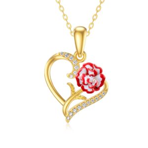 14k solid gold heart pendant carnation necklace for women,yellow gold carnation flower necklaces anniversary birthday gifts for mom grandma wife,16''-18''