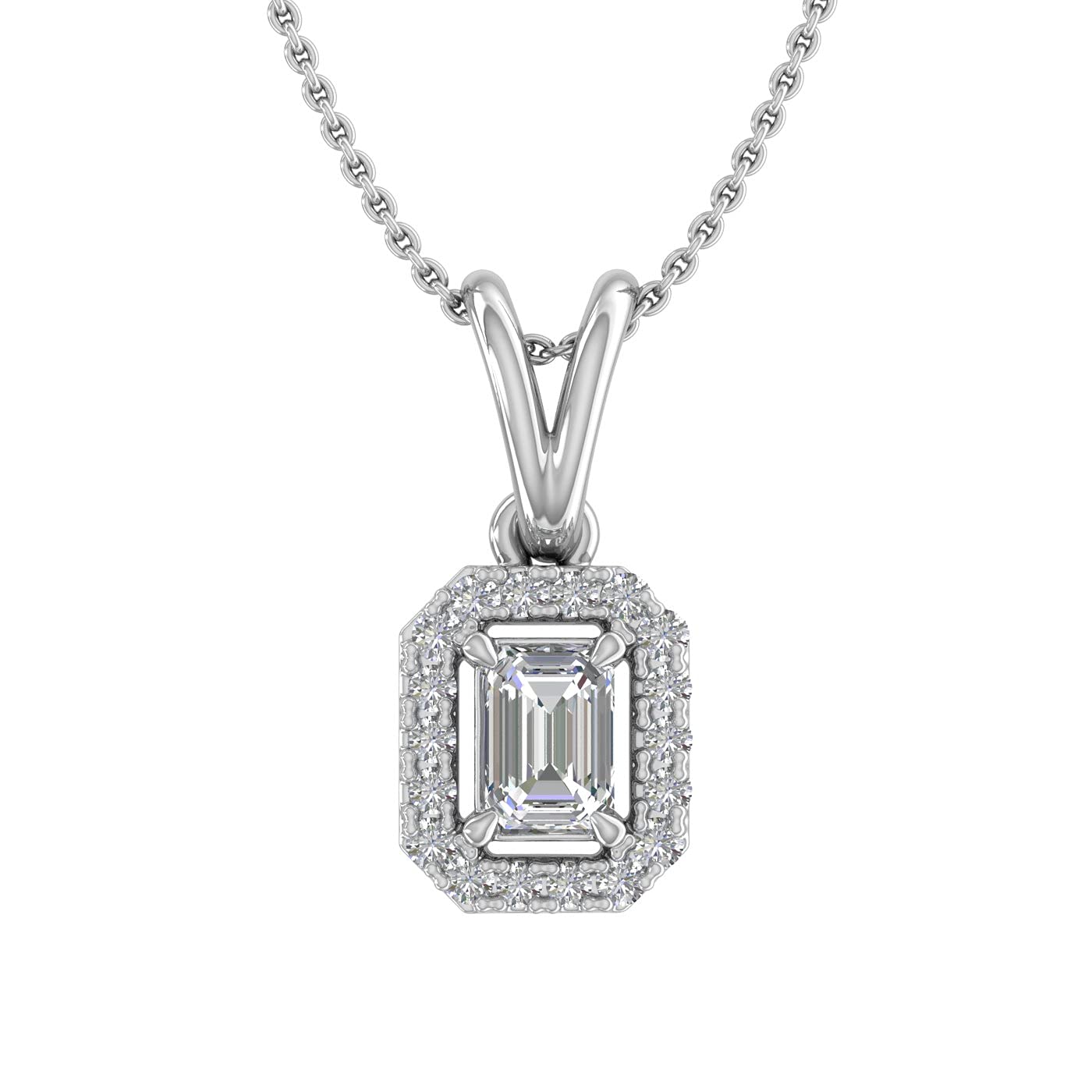 FINEROCK 1/3 Carat Emerald Cut Halo Diamond Pendant Necklace in 14K White Gold (Included Silver Chain)