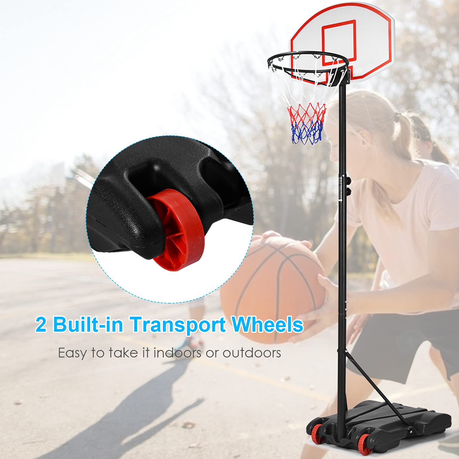 GYMAX Basketball Hoop, 7.1-8.1FT Adjustable Portable Basketball Goal w/Shatterproof Backboard, 2 Wheels & Nets, Indoor/Outdoor Basketball Hoop Stand System for Kids, Teens, Adult, Gym, Driveway