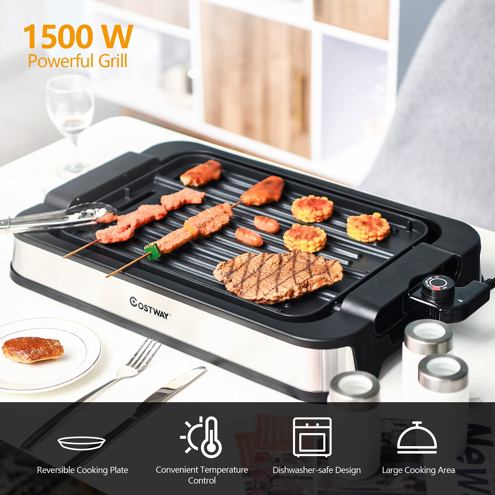 COSTWAY 2-in-1 Smokeless Indoor Grill, 1500W Electric Griddle w/Non-stick Reversible Cooking Plate, Large Drip Tray, Temperature Control, Dishwasher-safe