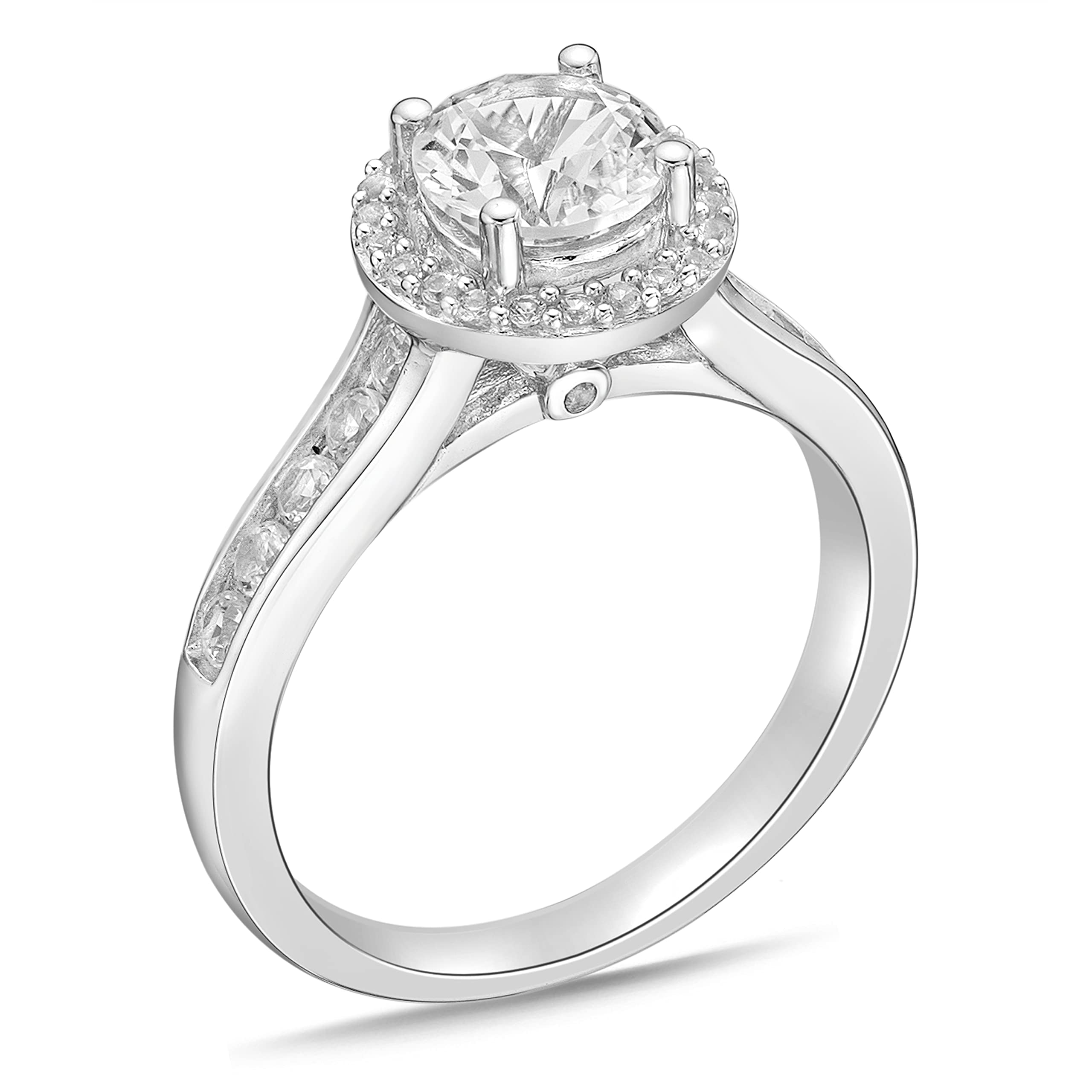 .925 Sterling Silver Lab Grown White Sapphire Halo Cathedral Style Engagement Ring with Channel Set Band - Size 7