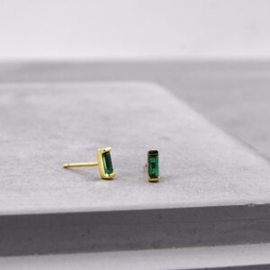 Emerald Baguette CZ Bezel Studs | Dainty Green Cubic Zirconia Gold Stud Earrings | 18K Gold Plated Sterling Silver Earrings