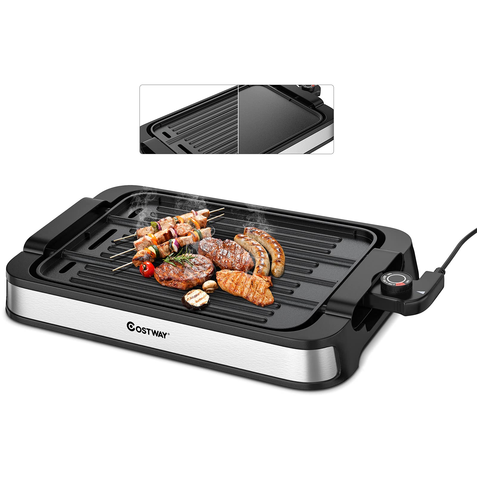 COSTWAY 2-in-1 Smokeless Indoor Grill, 1500W Electric Griddle w/Non-stick Reversible Cooking Plate, Large Drip Tray, Temperature Control, Dishwasher-safe