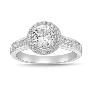 .925 sterling silver lab grown white sapphire halo cathedral style engagement ring with channel set band - size 7