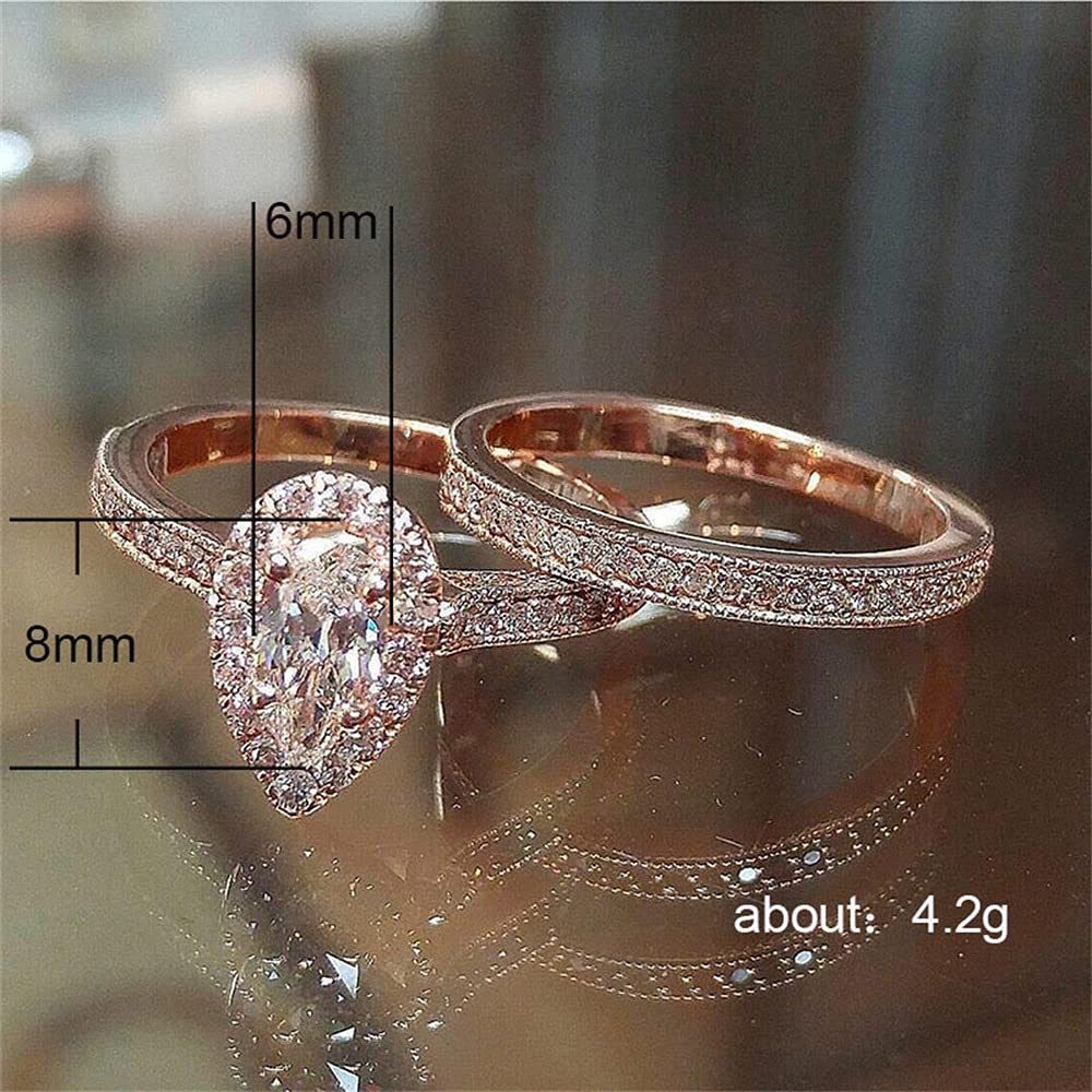 FZO 2 Pcs High Luxury Jewelry 18K Rose Gold Shiny Full Diamond AAA Pear Cut Teardrop Cubic Zirconia Solitaire Rings CZ Diamond Ring Set Eternity Engagement Wedding Band Set Promise Ring for Women (8)