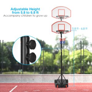 GYMAX Basketball Hoop, 7.1-8.1FT Adjustable Portable Basketball Goal w/Shatterproof Backboard, 2 Wheels & Nets, Indoor/Outdoor Basketball Hoop Stand System for Kids, Teens, Adult, Gym, Driveway