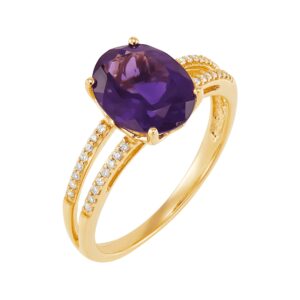 Welry Natural Amethyst Oval-Cut Ring with 1/10 cttw Diamonds in 10K Yellow Gold, Size 7