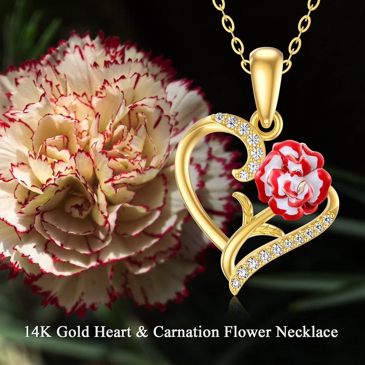 14K Solid Gold Heart Pendant Carnation Necklace for Women,Yellow Gold Carnation Flower Necklaces Anniversary Birthday Gifts for Mom Grandma Wife,16''-18''