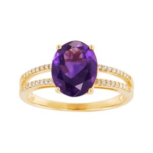 Welry Natural Amethyst Oval-Cut Ring with 1/10 cttw Diamonds in 10K Yellow Gold, Size 7