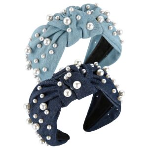 qianxuan cloth headbands tie for women top knot headband with pearls denim headband for girls hair wide beads bow glam thick fashion hairband