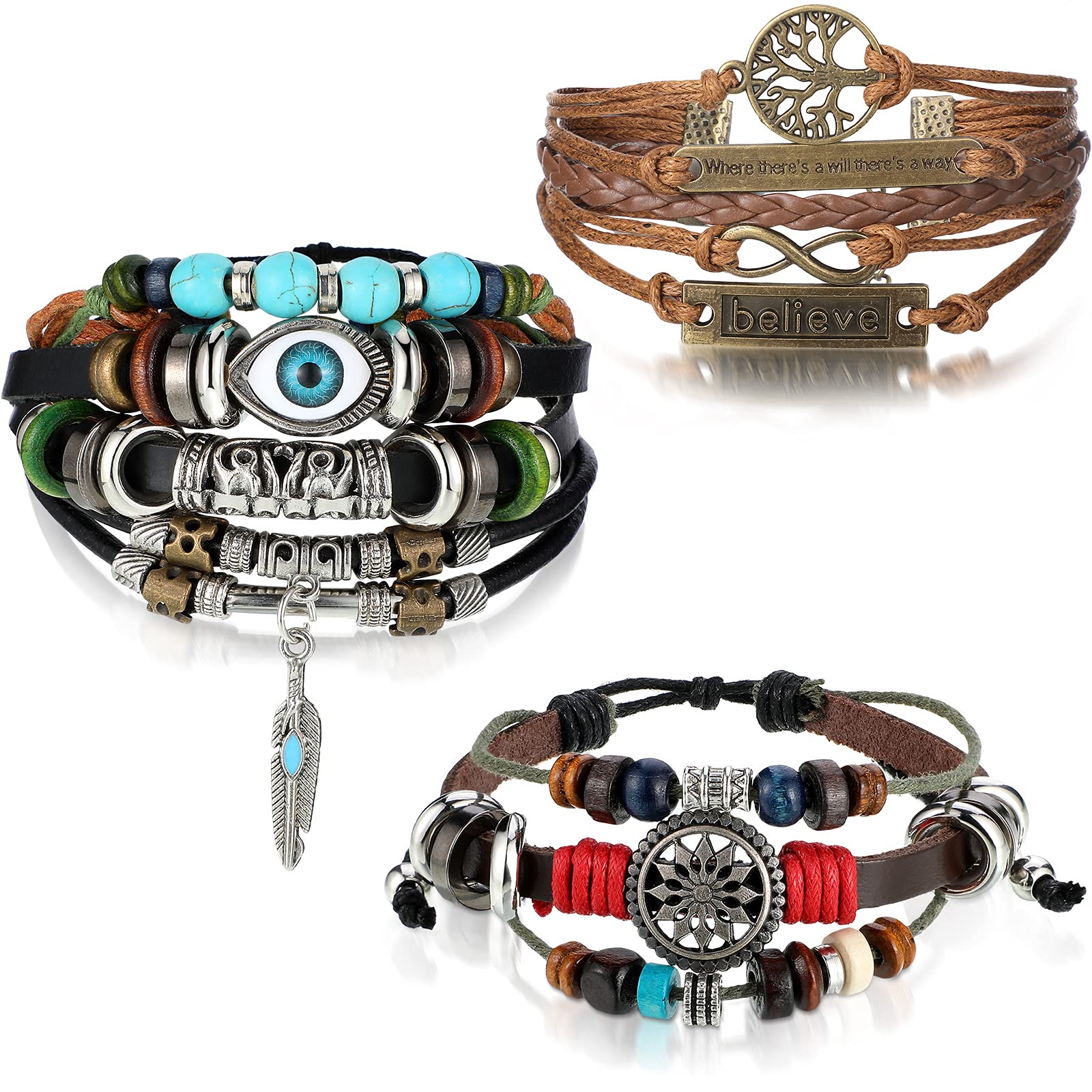 Hicarer 3 Pieces Multilayer Woven Leather Bracelets Western Bracelets Gifts for Women Beaded Bohemia Bracelet Evil Eye Boho Handmade Pu Bracelet Wristbands Bracelet for Men Women