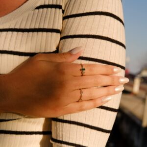 Dainty Emerald Ring | 18K Gold Plated Sterling Silver | Baguette Emerald Zirconia Ring | May Birthstone Ring | Minimal Stacking Band Size 8