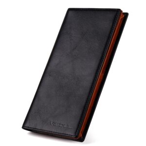 VISOUL Men's Leather Long Bi-fold Checkbook RFID Blocking Wallets, Breast Pocket Tall Billfold Secretary Wallet for Men with 12 Card Slots (Black and Orange)