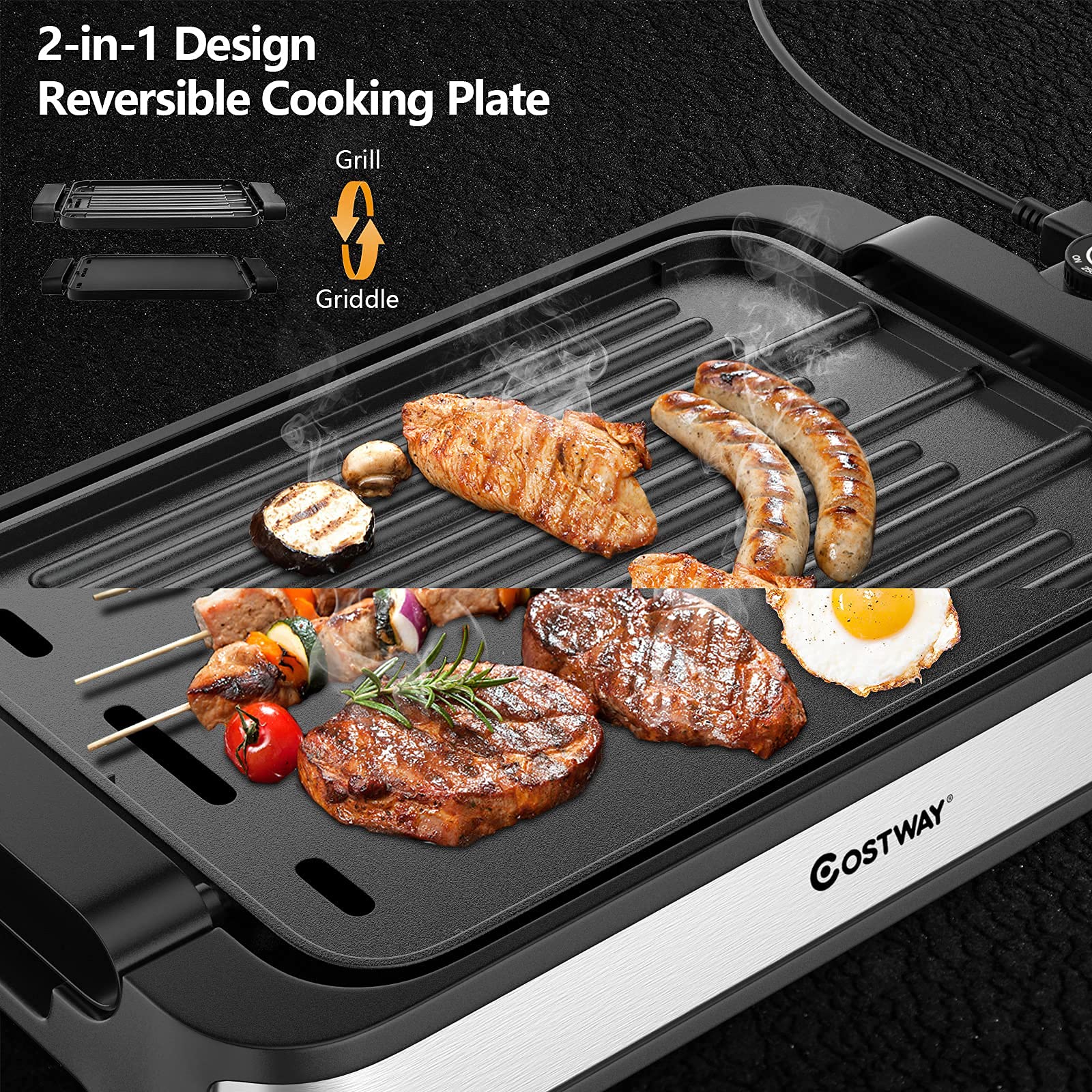 COSTWAY 2-in-1 Smokeless Indoor Grill, 1500W Electric Griddle w/Non-stick Reversible Cooking Plate, Large Drip Tray, Temperature Control, Dishwasher-safe