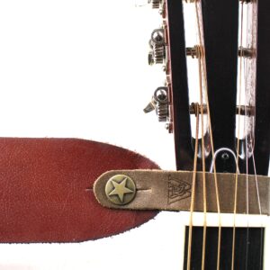 Walker And Williams AT-1-DBRN Distressed Brown Premium Leather Acoustic Guitar Strap Button Headstock Adaptor For Acoustic, Electric, And Bass Guitars