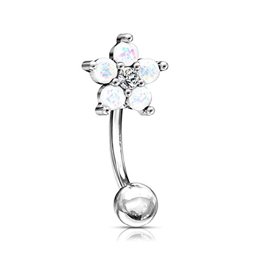 Pierced Owl 16GA Glittery Opalite Flower with CZ Center 316L Surgical Stainless Steel Cartilage Helix Daith Rook Eyebrow Curved Barbell (White)