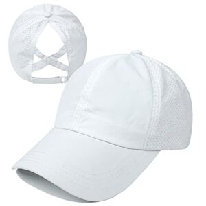 hgge womens criss cross ponytail baseball cap adjustable high messy bun ponycap trucker hats quick drying mesh dad hat for outdoor sports travel white