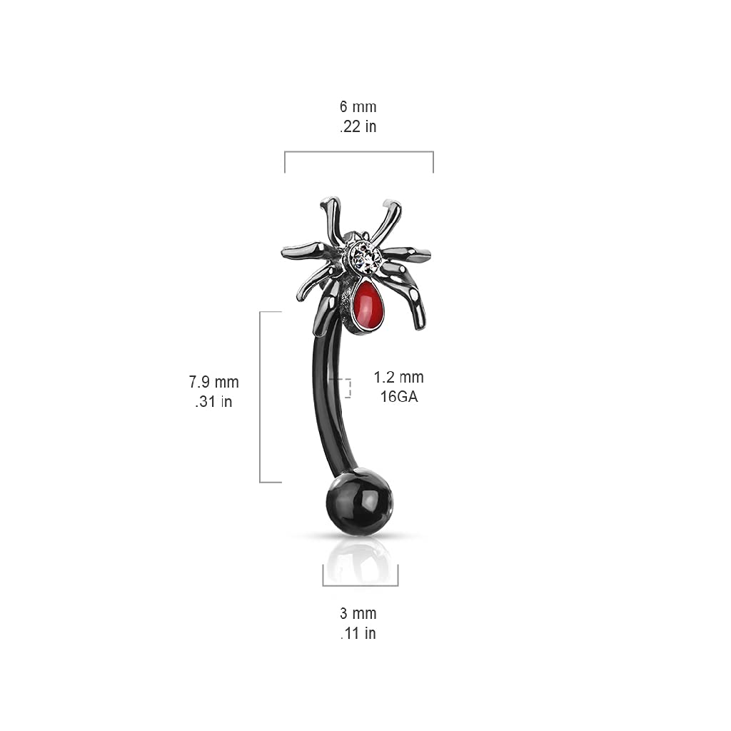 Pierced Owl 16GA Crystal Set Red Bellied Spider 316L Surgical Stainless Steel Cartilage Helix Daith Rook Eyebrow Curved Barbell (Black)