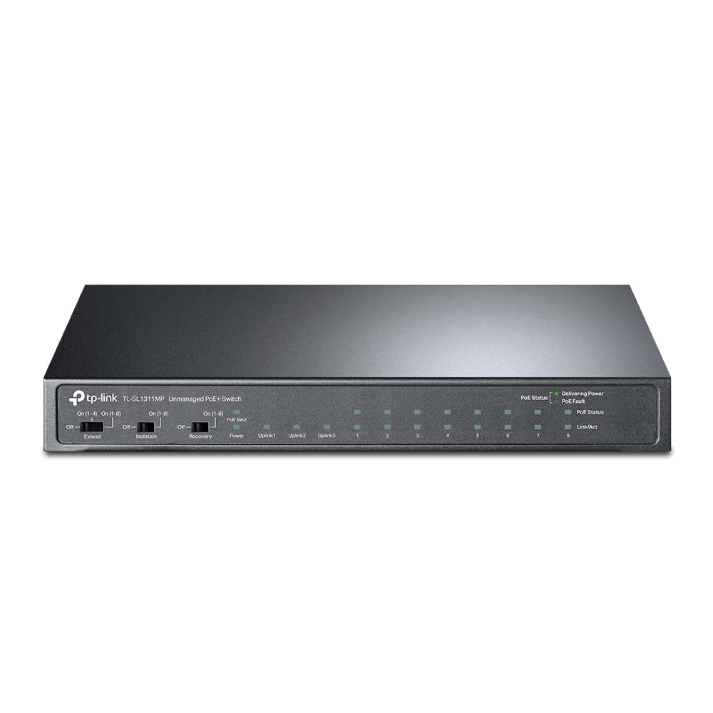 TP-Link TL-SL1311MP 8 Port 10/100Mbps Fast Ethernet PoE Switch 8 PoE+ Ports 124W, w/ 2 Uplink Gigabit Ports + 1 SFP Port PoE Recovery Extend & Isolation Mode