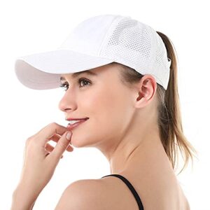 HGGE Womens Criss Cross Ponytail Baseball Cap Adjustable High Messy Bun Ponycap Trucker Hats Quick Drying Mesh Dad Hat for Outdoor Sports Travel White