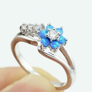 Pingyongchang Exquisite Round Cut White Fire Opal Stone Flower Women Opal Rings Diamond Zircon Female Jewelry Accessory Birthday Proposal Gift Bridal Engagement Party Band Ring-Blue Size 10