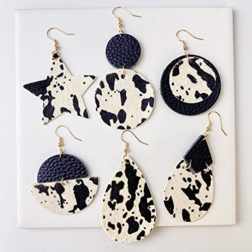 Leather Teardrop Hook Earrings Handmade Lightweight Floral Cow Print Earring Dangle Drop Earring for Women Girls - drop earring