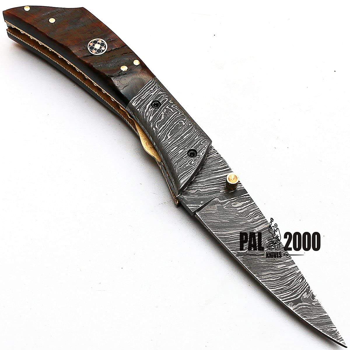 PAL 2000 HUNTING KNIVES Mmgn-8837 - Damascus Folding Knife - Handmade Damascus Steel - Damascus Pocket Knife - Ram Horn Handle, Black, Brown and Gray,