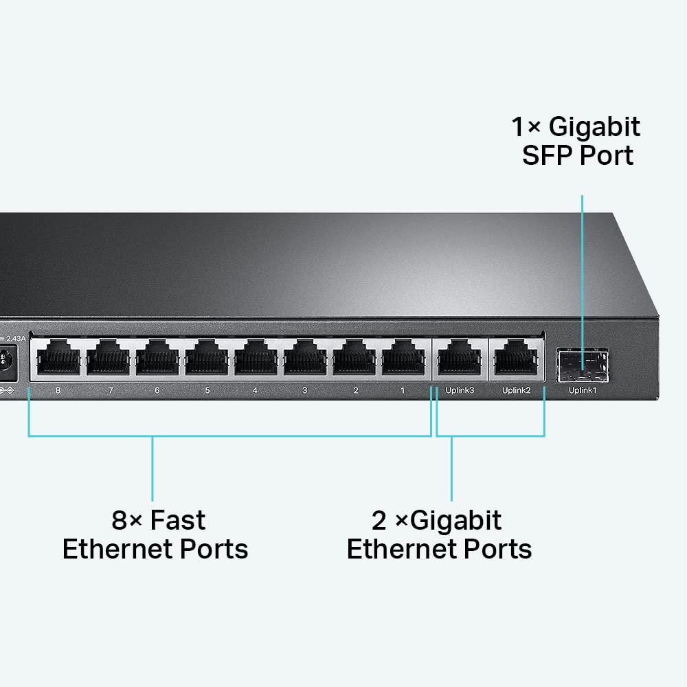 TP-Link TL-SL1311MP 8 Port 10/100Mbps Fast Ethernet PoE Switch 8 PoE+ Ports 124W, w/ 2 Uplink Gigabit Ports + 1 SFP Port PoE Recovery Extend & Isolation Mode