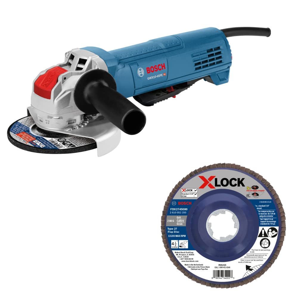 Bosch GWX10-45PE 4-1/2 In. X-LOCK Ergonomic Angle Grinder with Paddle Switch with Bosch FDX2745080 4-1/2 In. X-LOCK Arbor Type 27 80 Grit Flap Disc