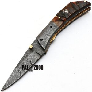 PAL 2000 HUNTING KNIVES Mmgn-8837 - Damascus Folding Knife - Handmade Damascus Steel - Damascus Pocket Knife - Ram Horn Handle, Black, Brown and Gray,