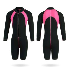 Flexel Wetsuit for Girls,2mm Neoprene Kid Wet Suit Shorty Wetsuit for Girls Long Sleeve Girls Wetsuit Thermal Swimsuit for Toddler Youth Wetsuit Girls Water Suit(Pink, L), Large