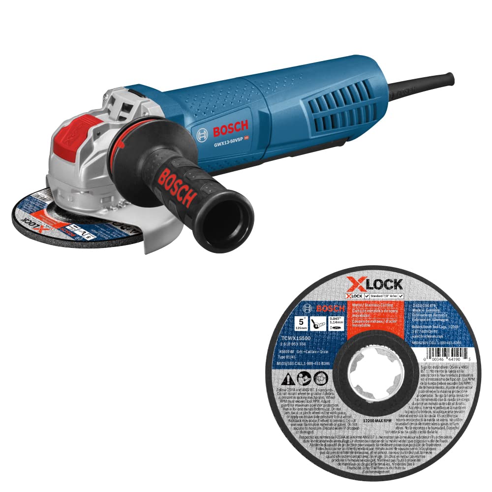 Bosch GWX13-50VSP 5 In. X-LOCK Variable-Speed Angle Grinder with Paddle Switch with TCWX1S500 5 In. x .045 In. X-LOCK Arbor Type 1A (ISO 41) 60 Grit Fast Metal/Stainless Cutting Abrasive Wheel